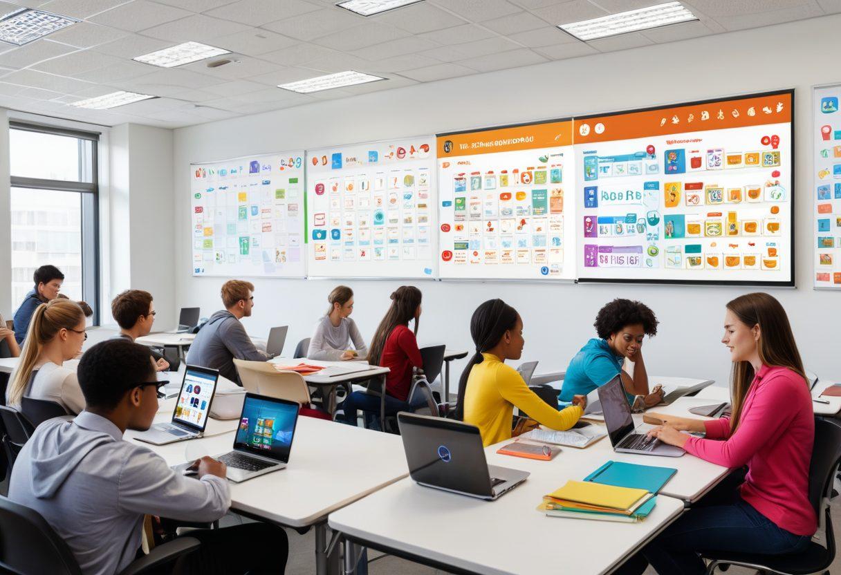 A modern virtual classroom setup with students engaging through laptops, utilizing tools like virtual whiteboards and collaborative apps, surrounded by icons of study tools like books, highlighters, and calendars. A serene, productive ambiance with vibrant colors captures the essence of effective online learning. super-realistic. vibrant colors. white background.