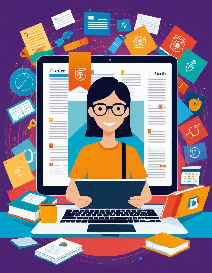 A dynamic, colorful illustration combining modern technology with education: a student engaging in an online course on a sleek tablet, surrounded by useful educational tools such as books, a calendar, and a certificate. Incorporate icons representing various resources like web links, video tutorials, and discussion forums, all integrated in a visually cohesive layout. Add an uplifting, motivational background with bright, cheerful tones. vector art. vibrant colors.