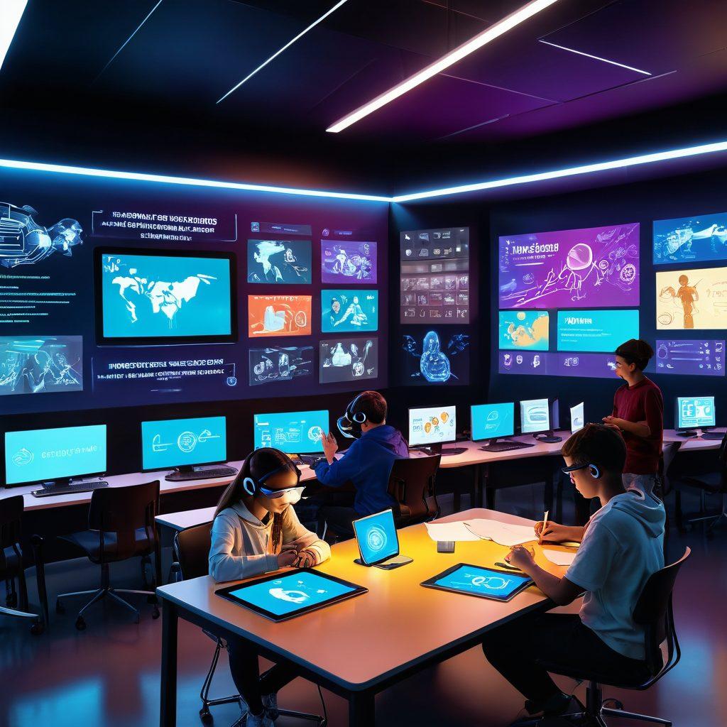 A futuristic classroom with students engaged in various digital learning activities using tablets, VR headsets, and holographic displays; an inspiring teacher guiding them. The background showcases digital courses on large screens. Vector art. vibrant colors, modern aesthetic.